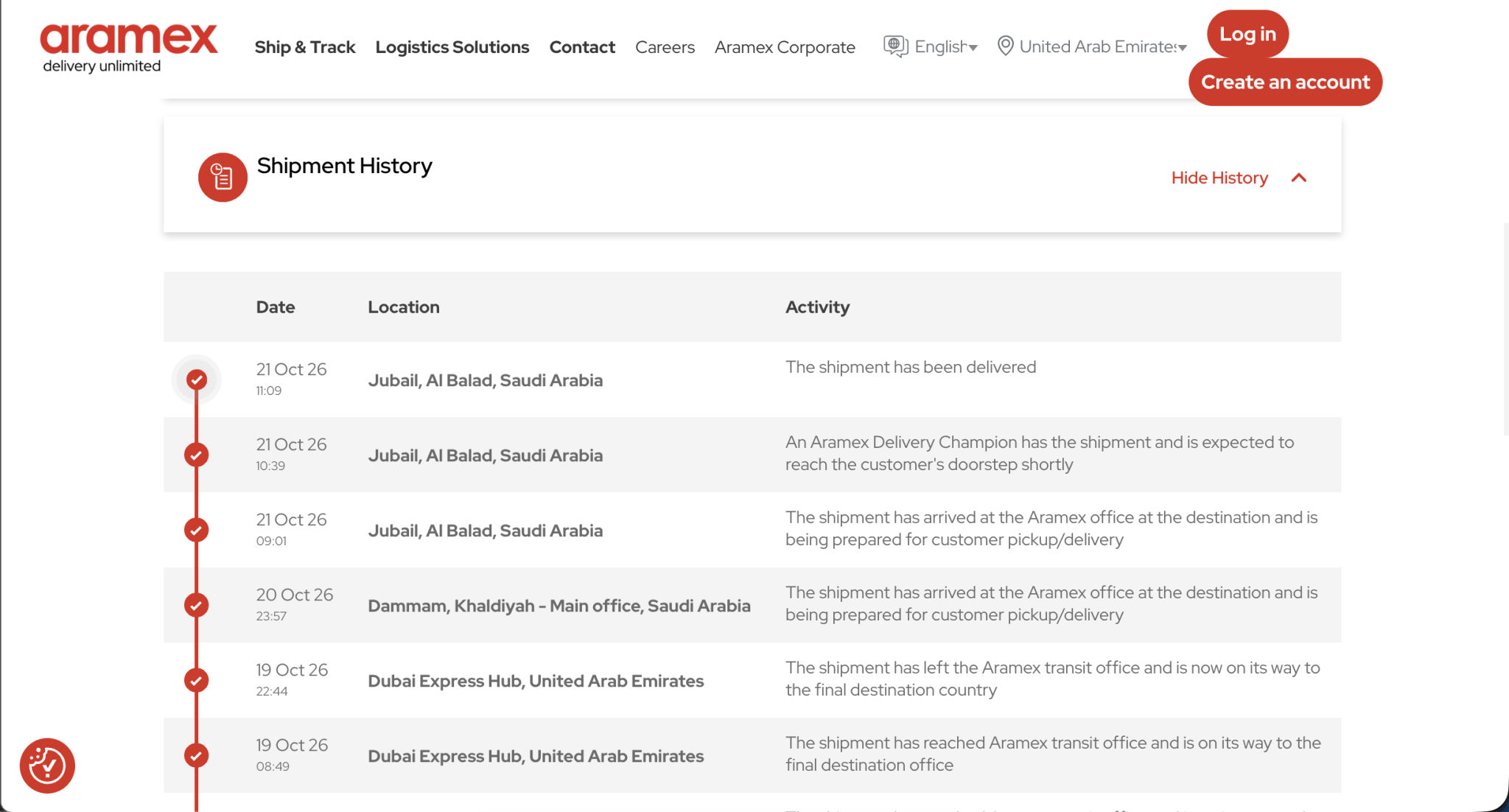 Shipment history — delivered Jubail Saudi Arabia 21 October 2026